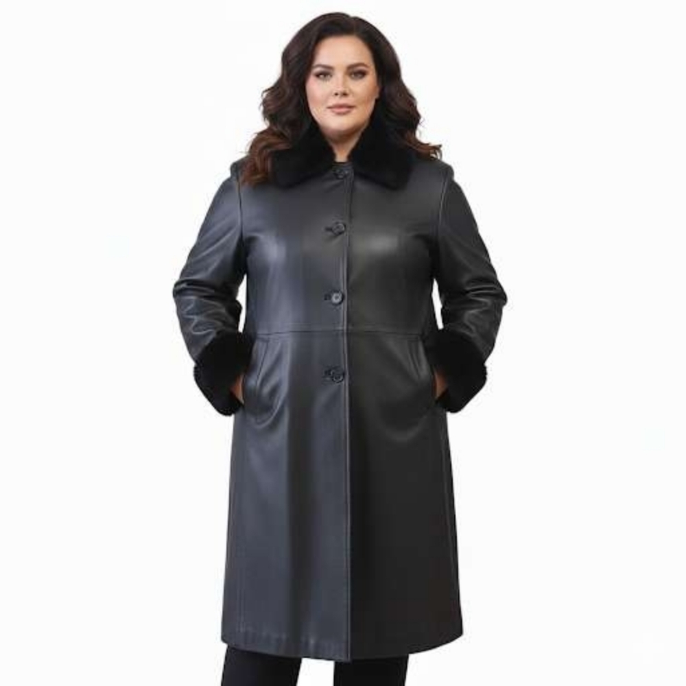 Y2K/90’s Danier‎ Black leather trench coat Rabbit Fur Trim Size 2X Collar & cuff